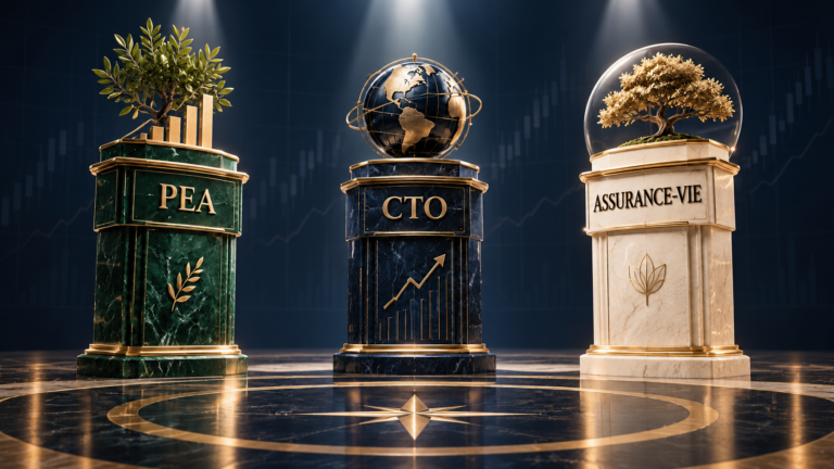 Trois piédestaux symboliques pour choisir entre PEA ou CTO et assurance-vie : un arbre pour la croissance, un globe pour l'international et un arbre sous cloche pour la protection.