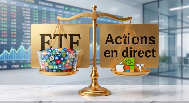 Balance dorée opposant un bol rempli de petites icônes pour les ETF à trois gros logos pour les actions en direct.
