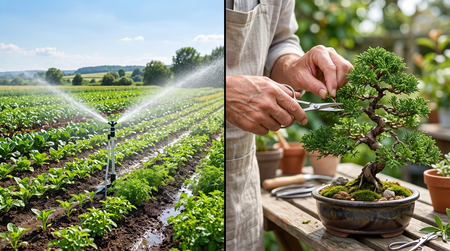 Image divisée en deux parties. La partie gauche montre un système d'arrosage automatique irriguant un grand champ agricole, symbolisant l'approche globale et automatisée des ETF. La partie droite affiche les mains d'une personne utilisant des ciseaux pour tailler minutieusement un bonsaï en pot, représentant le travail de sélection précis et actif des actions en direct.