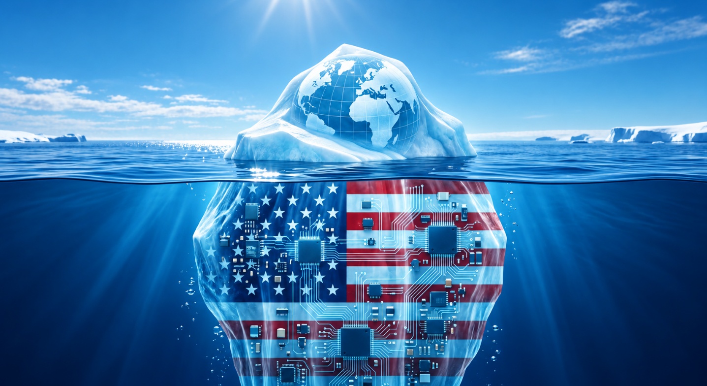 Illustration métaphorique d'un iceberg. La pointe visible hors de l'eau prend la forme d'un globe terrestre. Sous la surface, la partie immergée, beaucoup plus massive, est texturée avec le drapeau des États-Unis et incrustée de puces et de circuits électroniques. Cette image illustre visuellement la composition de l'ETF MSCI World : une promesse de diversification mondiale en surface, qui cache en réalité une concentration massive sur le marché américain et la technologie de pointe.