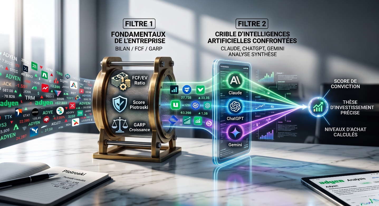 L'image illustre visuellement la méthode de sélection d'actions détaillée dans le texte (stock picking) sous forme d'un processus en deux étapes de filtrage. À gauche, des flux de données boursières entrent dans un premier dispositif physique, le "Filtre 1", dédié aux fondamentaux de l'entreprise (Score Piotroski, ratio FCF/EV, GARP). Le flux de données purifié traverse ensuite un second filtre digital (Filtre 2) affiché sur un écran transparent, où les analyses de trois intelligences artificielles (Claude, ChatGPT et Gemini) sont confrontées via des faisceaux lumineux. Ces faisceaux convergent à droite pour produire le résultat final : un score de conviction, une thèse d'investissement précise et des niveaux d'achat calculés.