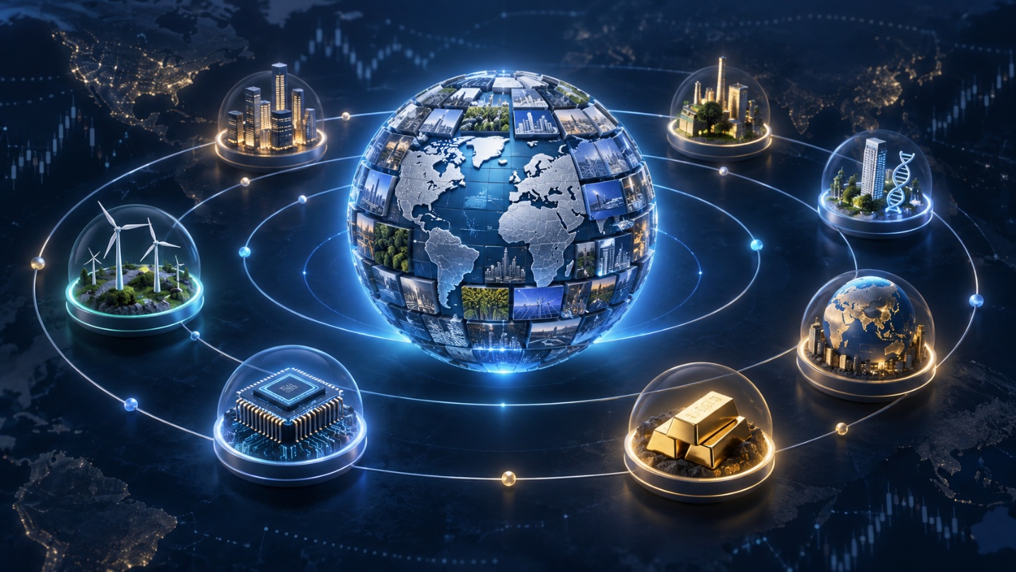 L'image illustre visuellement la stratégie d'investissement "cœur-satellite" détaillée dans l'article. Au centre, un imposant globe terrestre lumineux, composé d'une multitude d'écrans, représente le "cœur" du portefeuille : la base stable investie en ETF larges et mondialement diversifiés. Gravitant autour de ce centre sur des orbites lumineuses, plusieurs petites sphères sous cloche représentent les "satellites" : des convictions spécifiques, des actions en direct ou des ETF ciblés pour chercher de la surperformance. Ces satellites illustrent différentes thématiques d'investissement, telles que l'or physique, la technologie (une puce électronique), les énergies renouvelables (des éoliennes) ou la biotechnologie (un brin d'ADN).