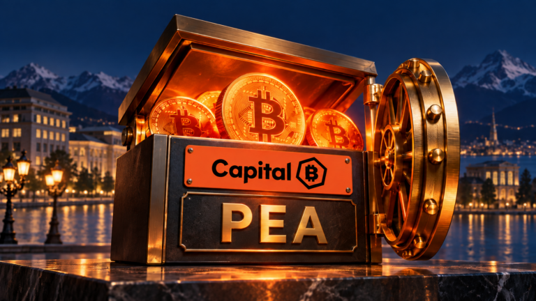 Coffre Capital B marqué PEA rempli de bitcoins, devant un paysage suisse