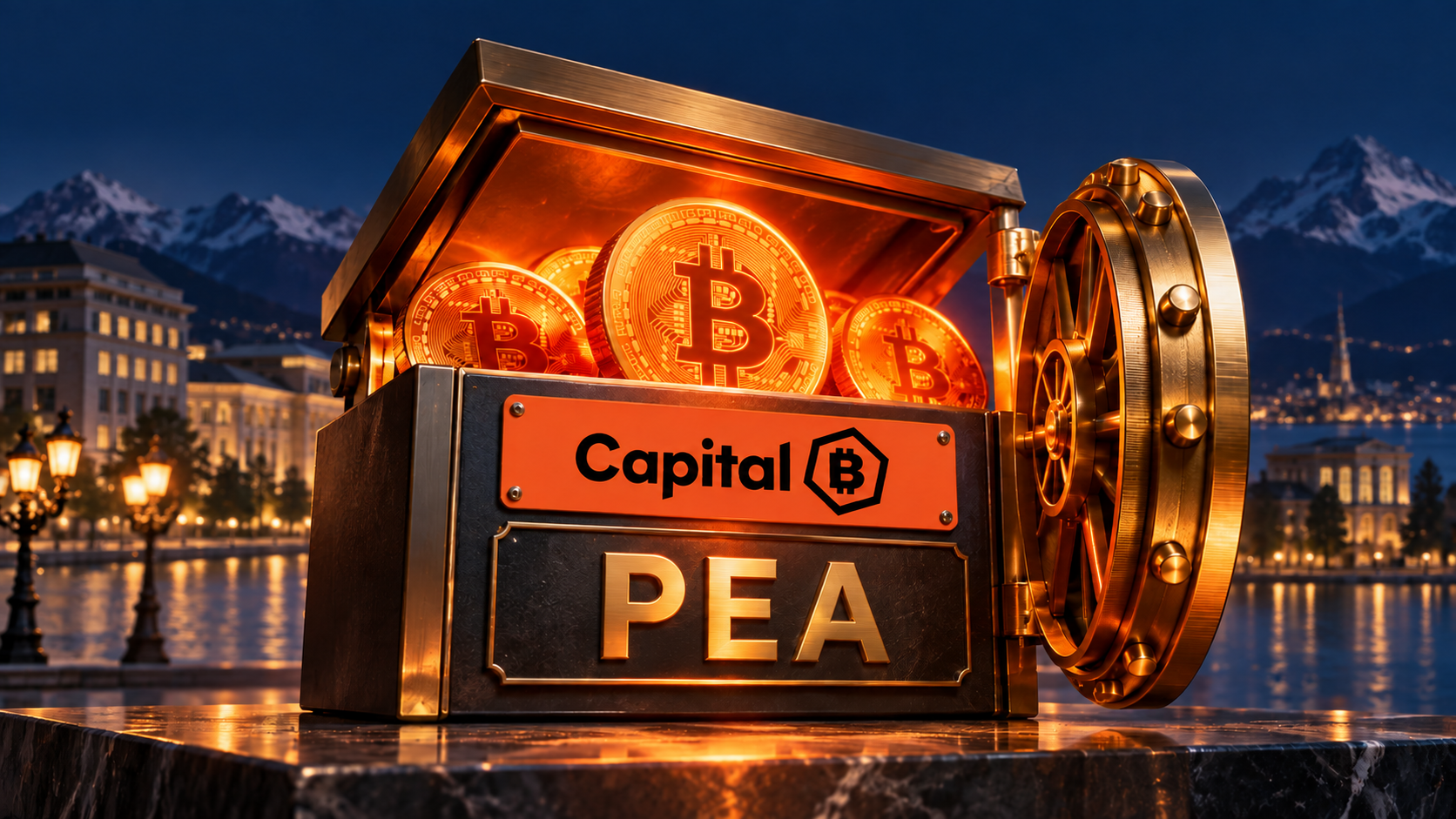 Coffre Capital B marqué PEA rempli de bitcoins, devant un paysage suisse