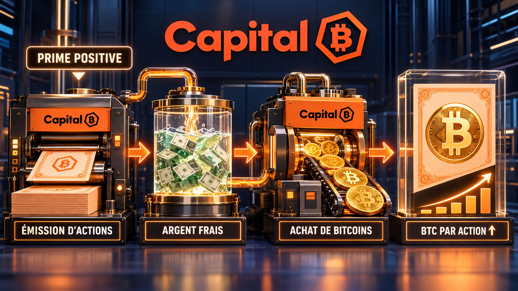 Mécanisme de Capital B : émission d’actions avec une prime positive, levée de fonds, achat de bitcoins et hausse du nombre de bitcoins par action.