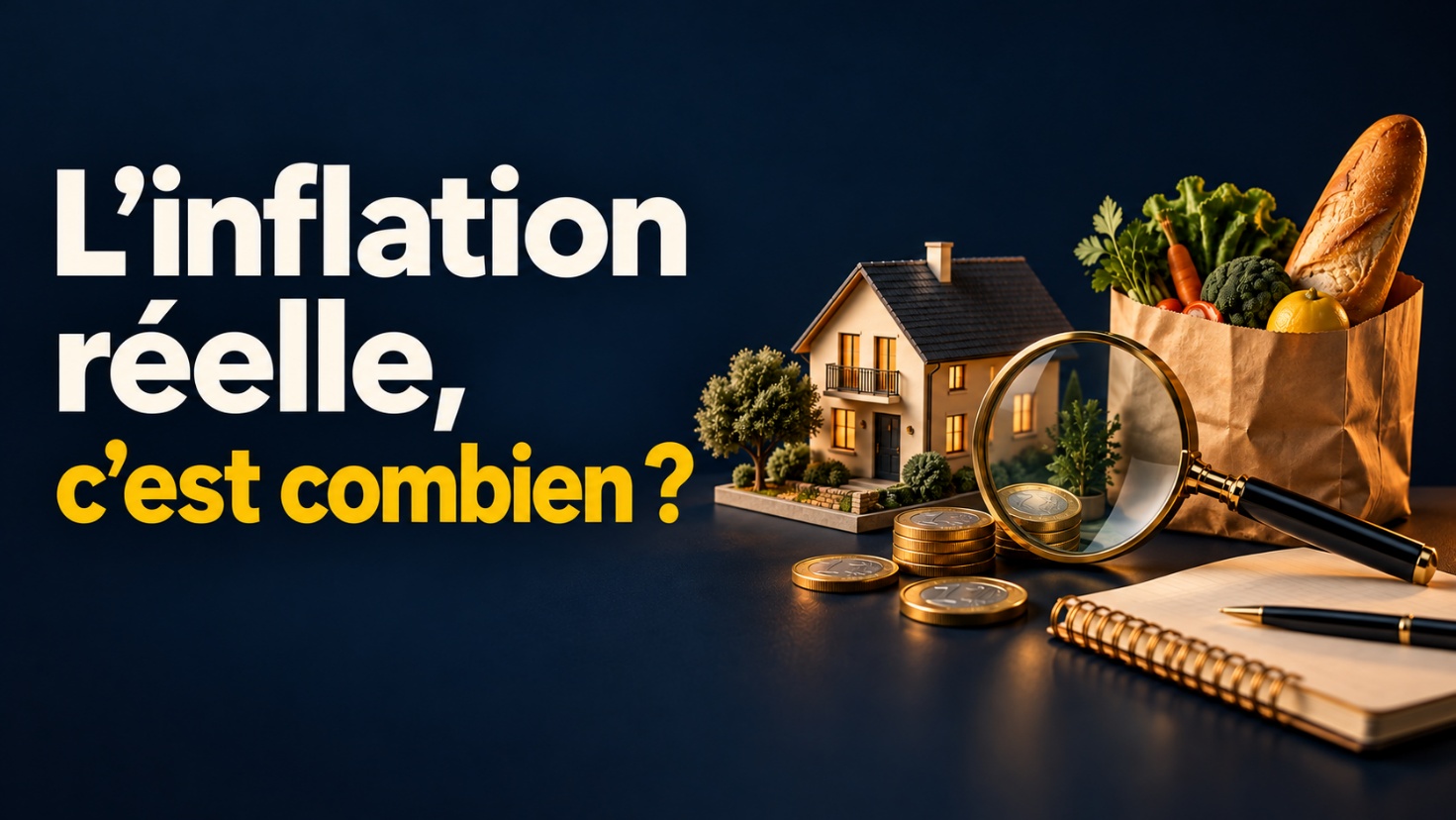 Illustration sur l’inflation et le pouvoir d’achat, avec une maison, des courses et des euros. Texte : « L’inflation réelle, c’est combien ? »