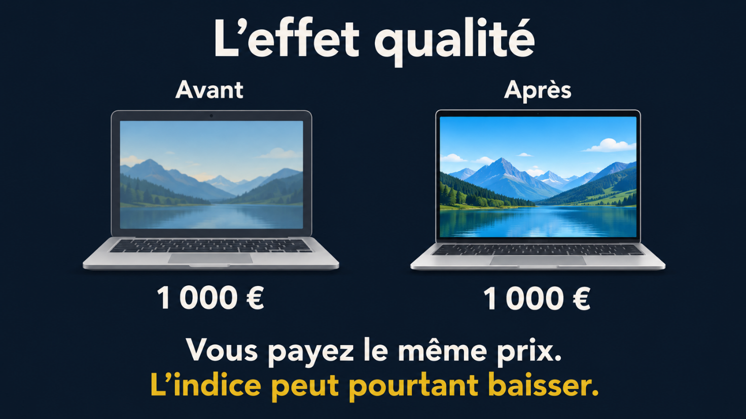 Deux ordinateurs vendus à 1 000 € : le nouveau modèle est plus performant. Le prix payé reste identique, mais l’indice des prix peut baisser après ajustement pour la qualité.