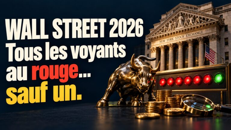 Krach boursier : taureau de Wall Street devant le New York Stock Exchange, tableau de six voyants rouges et un vert