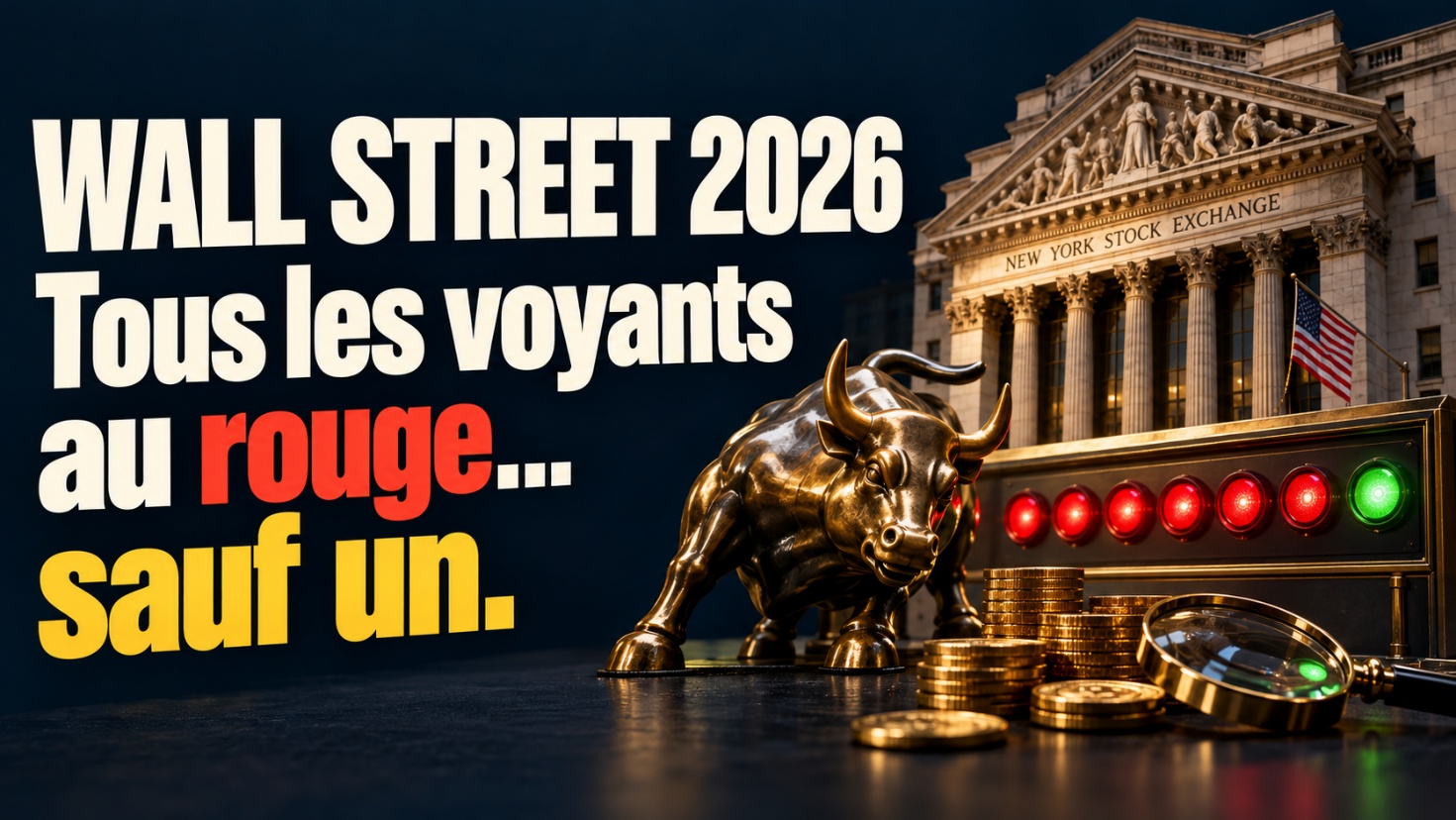 Krach boursier : taureau de Wall Street devant le New York Stock Exchange, tableau de six voyants rouges et un vert