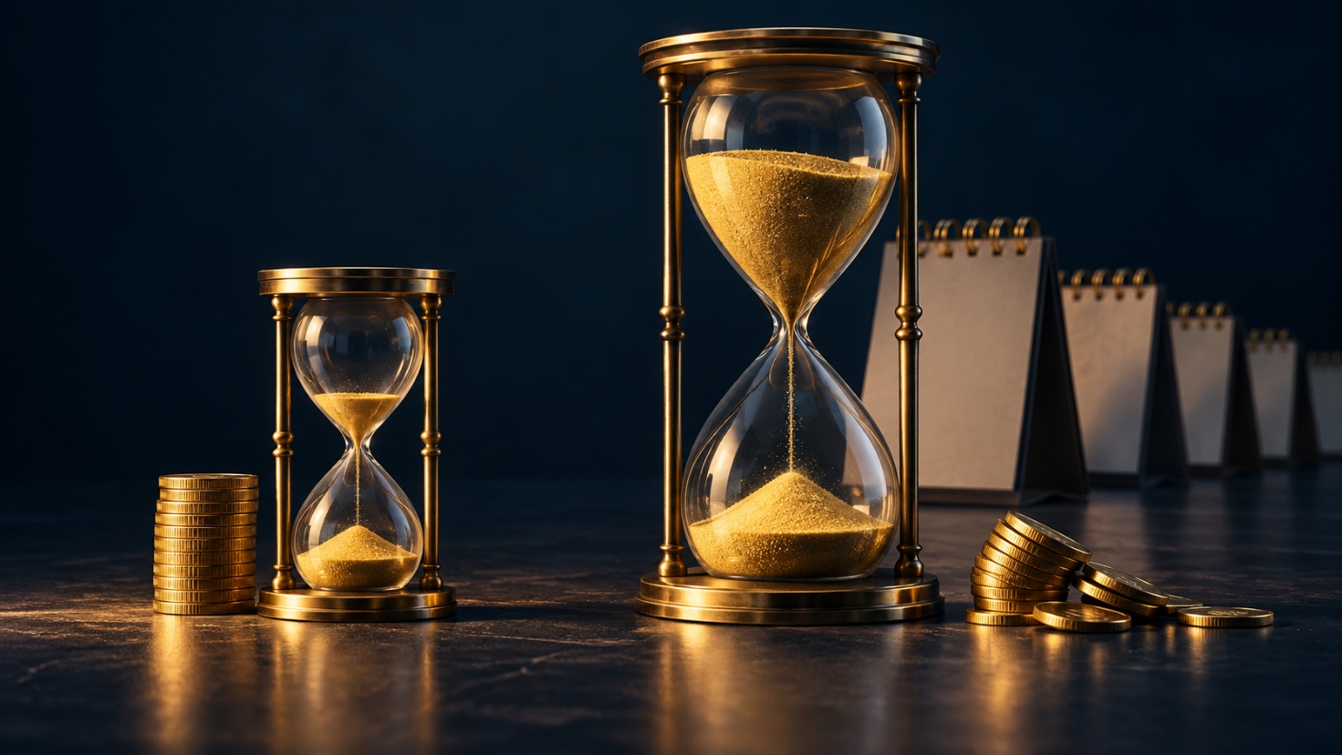 Krach boursier : un petit sablier et un grand sablier devant une rangée de calendriers, les chocs qui se rattrapent en quelques mois face aux krachs qui durent des années