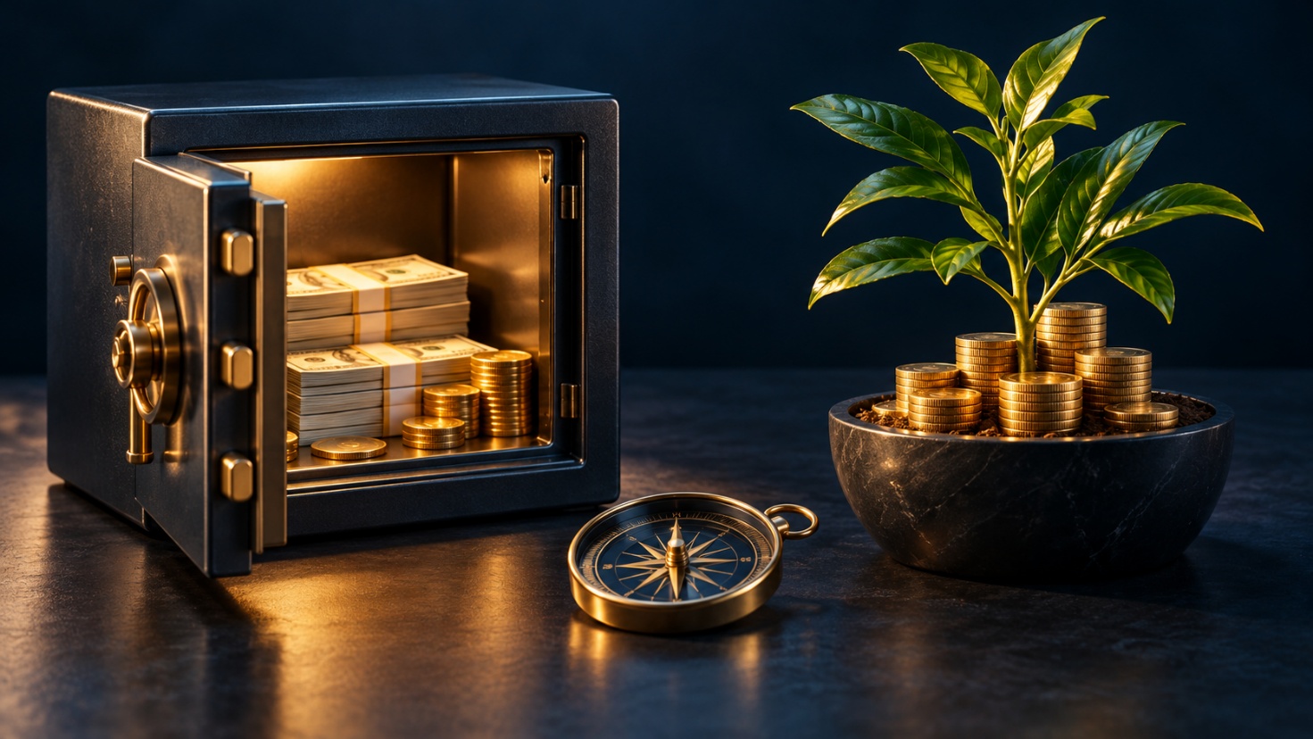 Coffre-fort ouvert rempli de billets en dollars, boussole et plante qui pousse sur des pièces d’or : garder une réserve de liquidités tout en restant investi pour la croissance