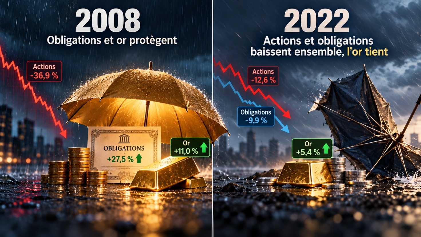 En 2008, les obligations et l’or protègent quand les actions chutent. En 2022, actions et obligations baissent ensemble et seul l’or tient.