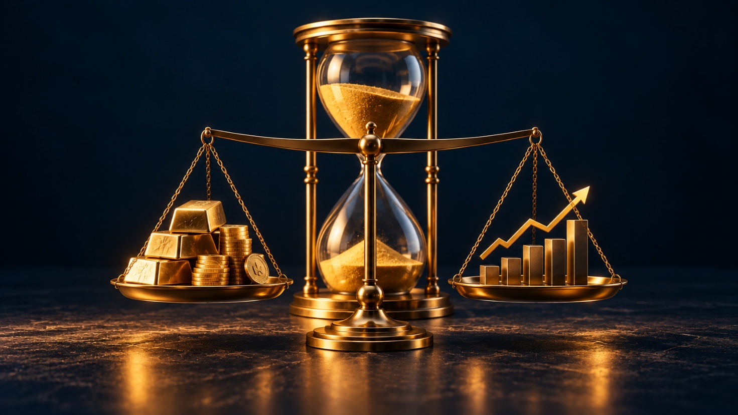 Texte alternatif : Balance entre or et actions devant un sablier : l’équilibre d’une poche diversifiée dépend de l’horizon de placement